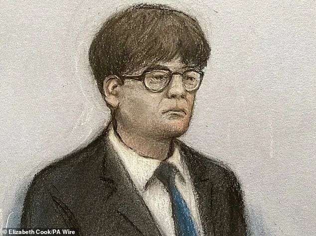 Court artist drawing by Elizabeth Cook of Zou appearing at Inner London Crown Court