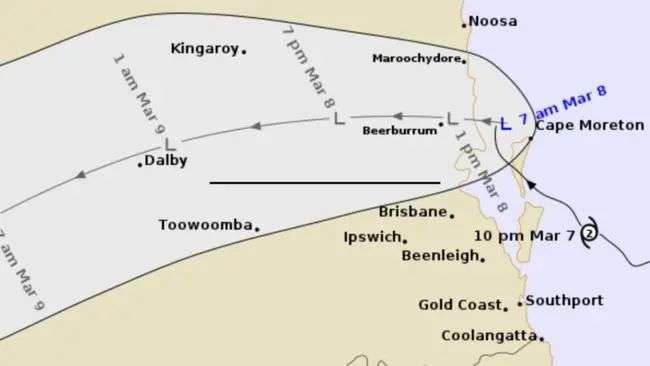 Predicted path of Ex-Cyclone Alfred after making landfall. Credit: BOM