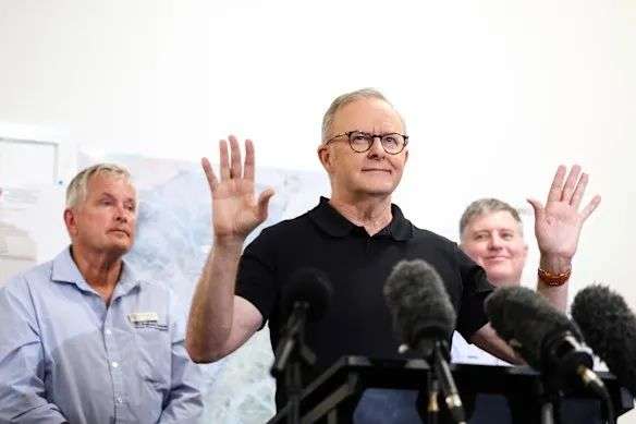Prime Minister Anthony Albanese at a press conference in Longreach, Queensland, on Saturday.