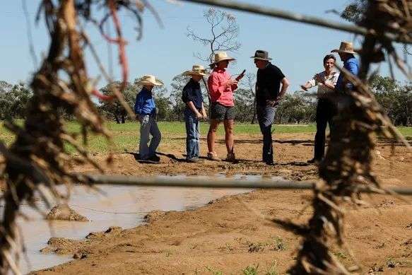 Prime Minister Anthony Albanese visits a sheep farm owned by Martin Eggerling and Rebecca Eggerling, south of Longreach, Queensland, to inspect flood damage.
