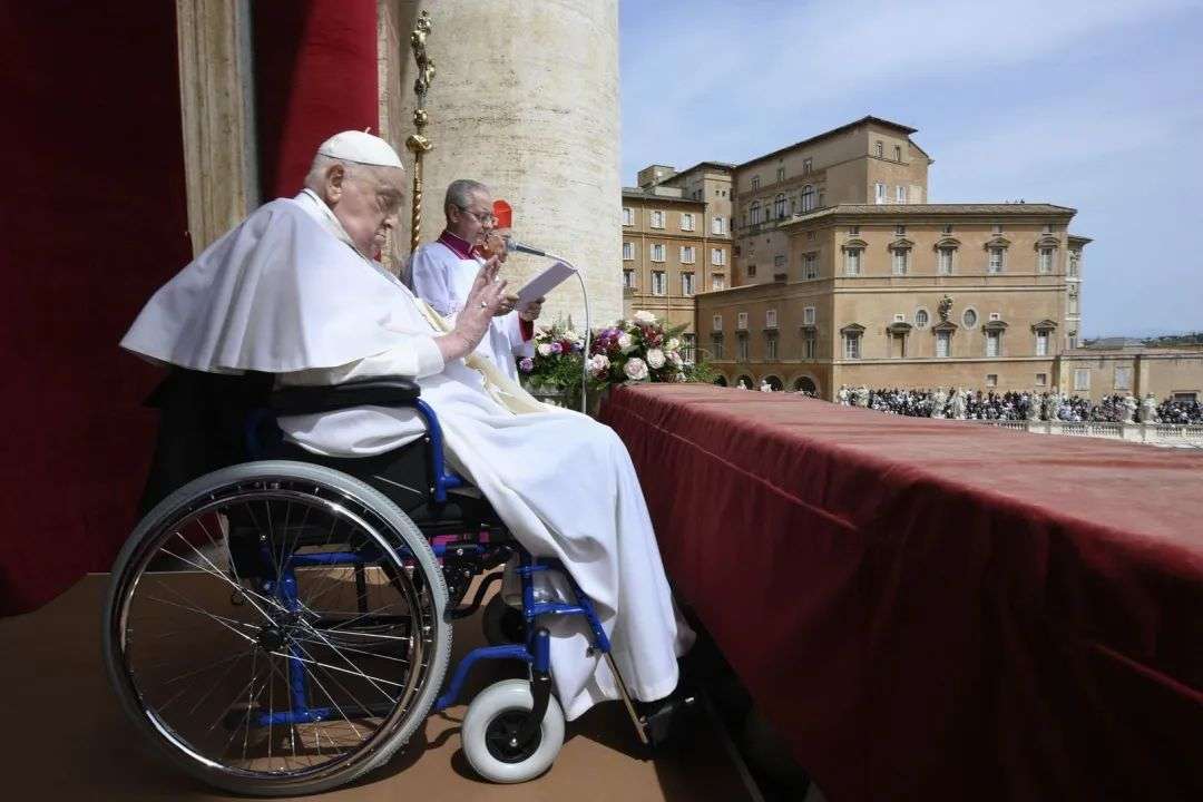 Pope Francis at the main balcony of St Peter's basilica during the Urbi et Orbi message and blessing to the city and the world as part of Easter celebrations, in The Vatican on April 20, 2025.. Photo / Vatican Media / AFP