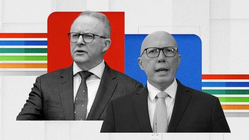A graphic shows Anthony Albanese and Peter Dutton against a red and blue background.