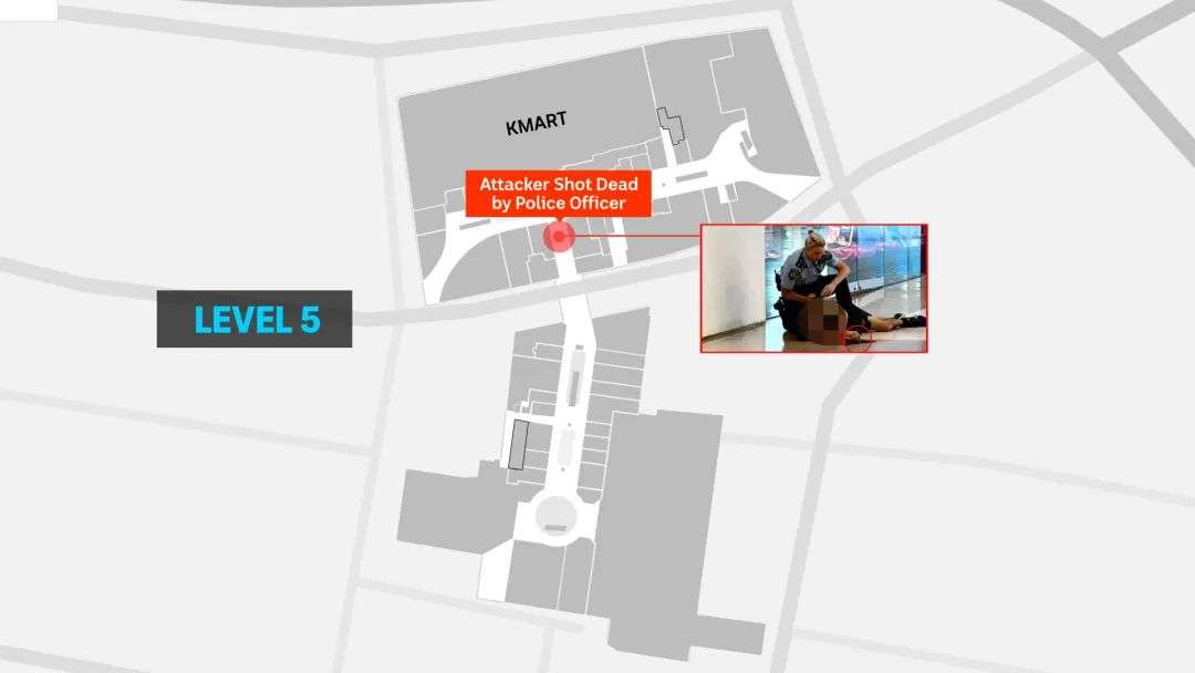 Map inside Westfield Bondi Junction showing where armed man was killed, inset images shows policewoman over body