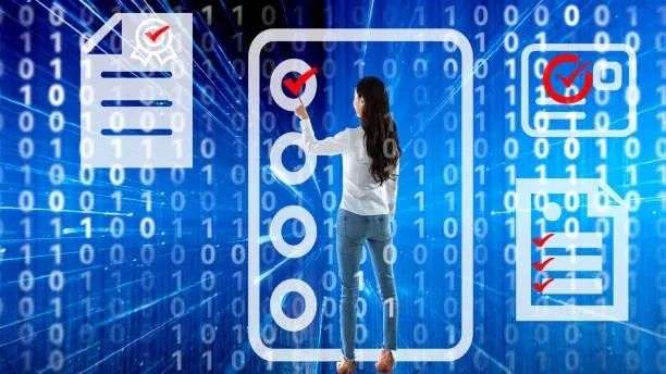 A young woman touching virtual screen with checkbox lists.