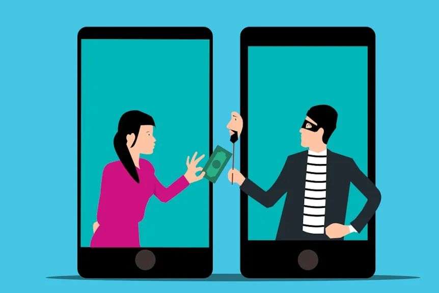 A graphic showing a cartoon woman handing over money to a thief.