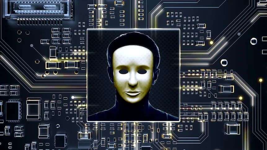 A illustration of a person in a mask with a computer chip in the background.