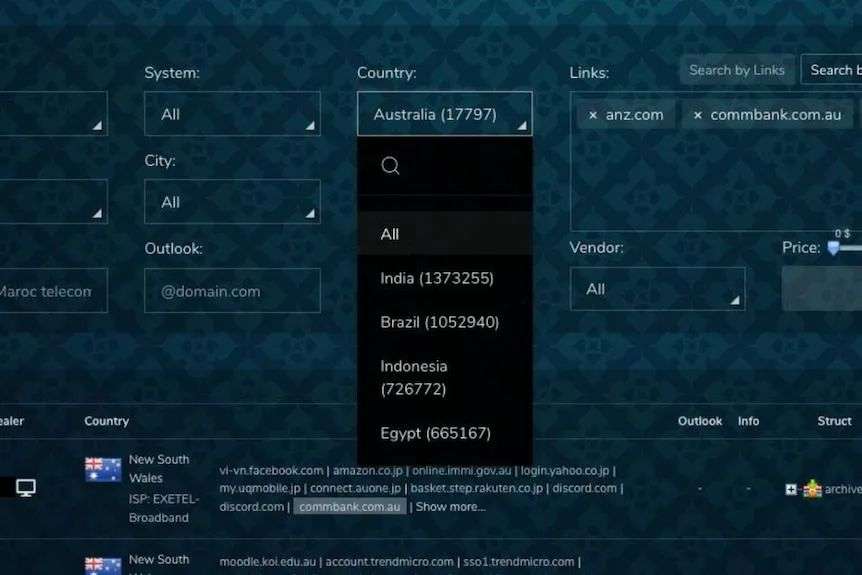 A screenshot of a website selling stolen data, the search tab shows 17,000 files mention Australia.