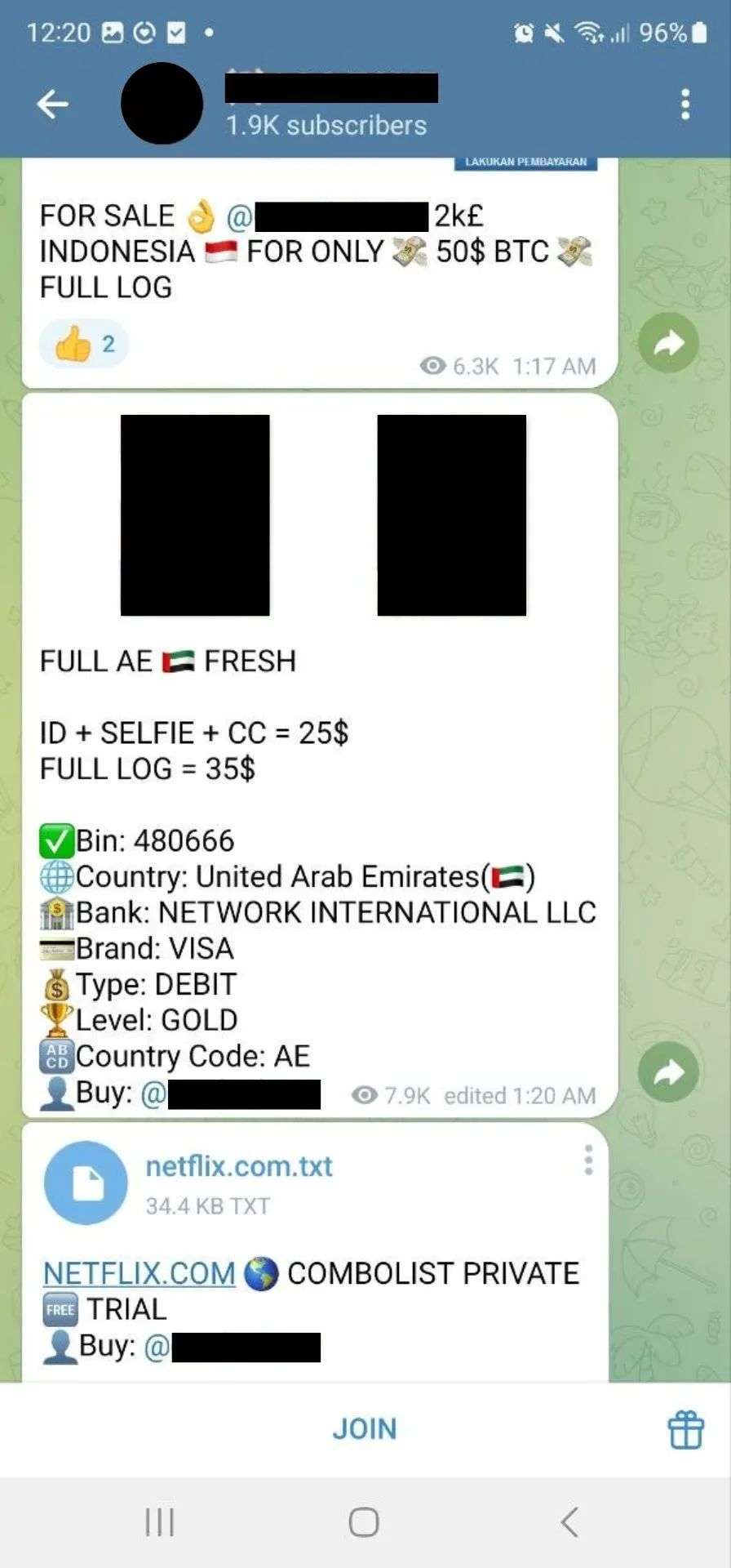 Telegram 上的一条帖子出售被盗数据，其中包括阿联酋银行的身份证、自拍照和信用卡。