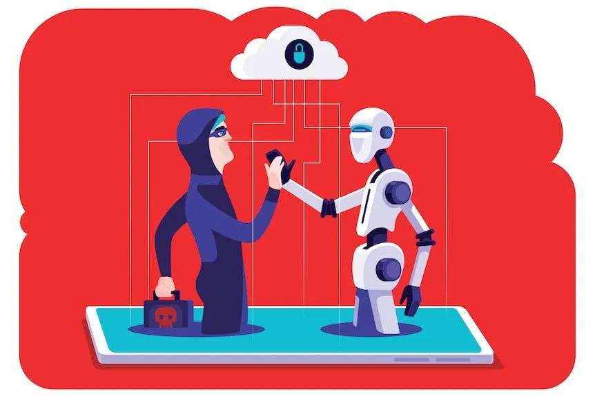 An illustration of a scammer and a robot highfiving while popping out of a phone