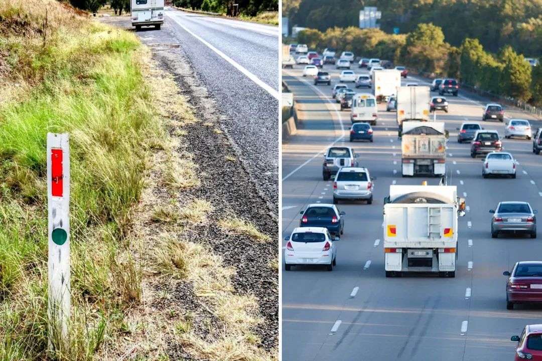 Left, a green reflective dot on a roadside marker with a caravan in the background. Right, several large trucks and cars on a highway.