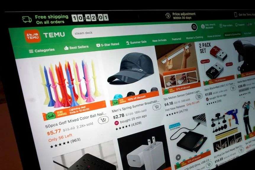An online retail store showing a variety of products on a computer screen.