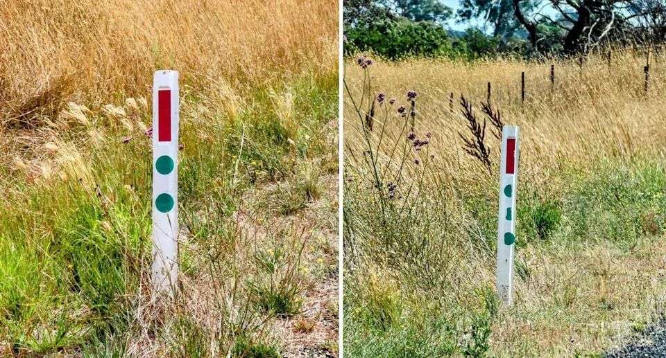 Left: A roadside marker with two green dots. Right: A roadside marker with three green dots.