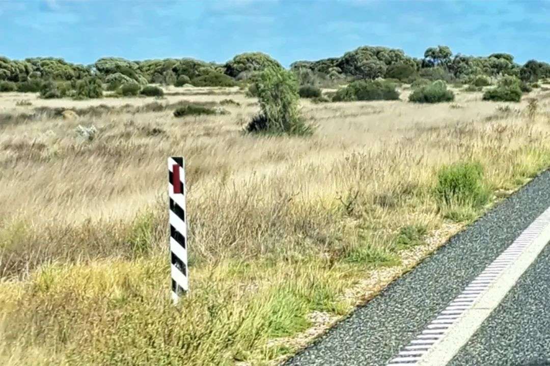 A black and white striped marker on the side of a road in Western Australia.