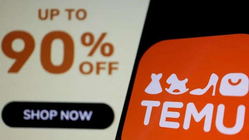 An orange logo on a phone screen that says TEMU in front of a separate computer screen showing a 90 per cent off deal.