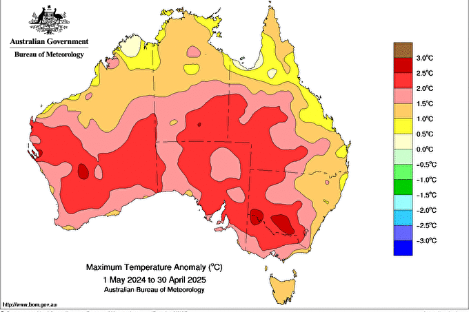A map of year to date temperature anomalies shows well above average temperature for much of Australia, especially the south