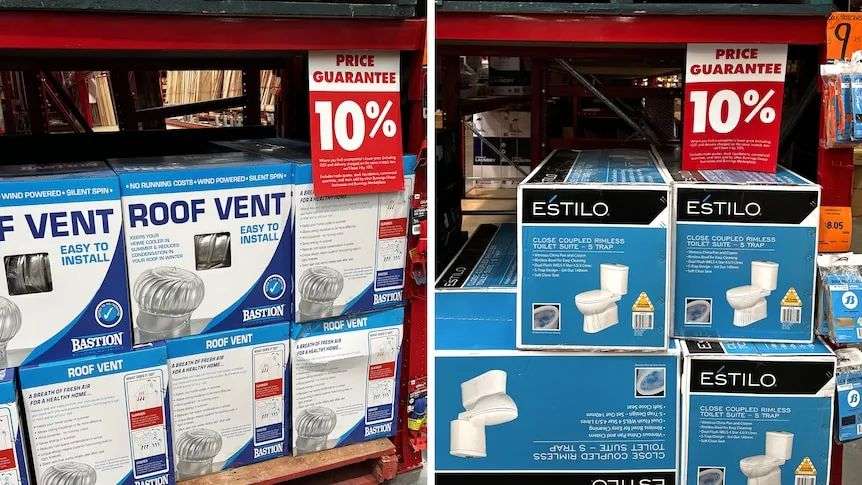 Bunnings home brand roof vents and toilets sit on shelves, behind 'Price Guarantee 10%' signs.