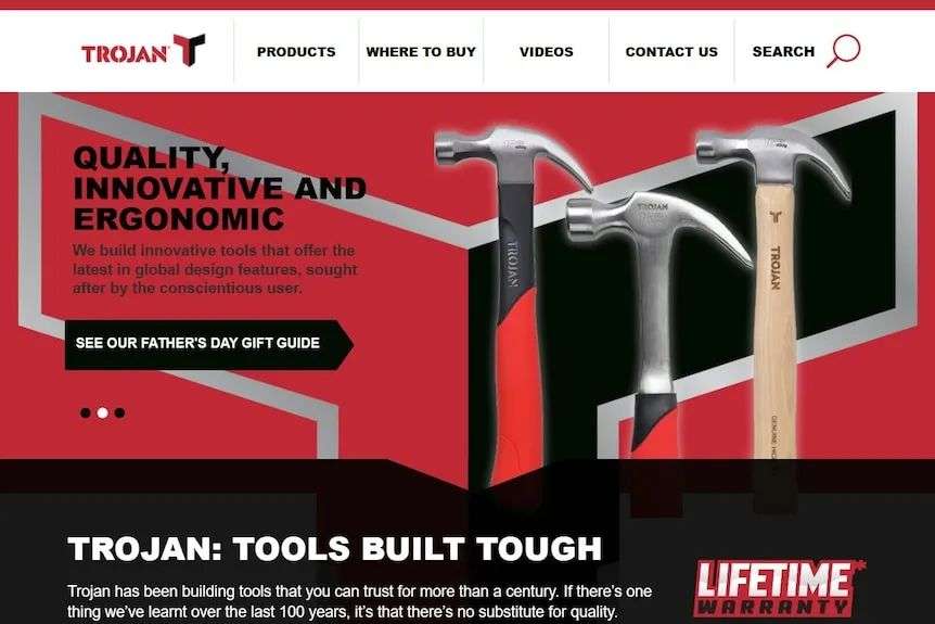 A screenshot of the website for Trojan showing pictures of hammers and a slogan 