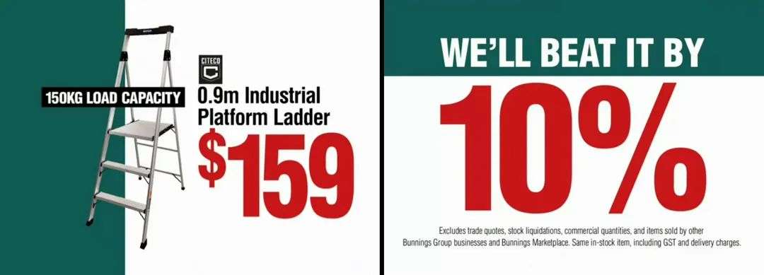 Stills from a Bunnings TV commercial, showing a ladder for sale for $159 and separately, text that says 'We'll beat it by 10%'.