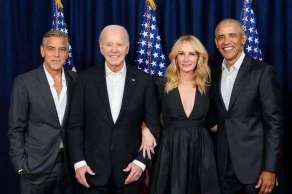 George Clooney, Joe Biden, Julia Roberts and Barack Obama at a Democratic fundraiser on June 15, 2024.