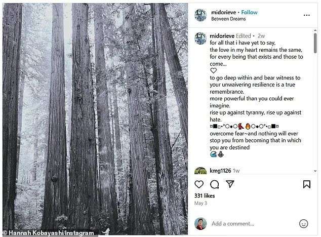 本月初，她打破了在社交媒体上的沉默，分享了一张她在红杉树下的照片