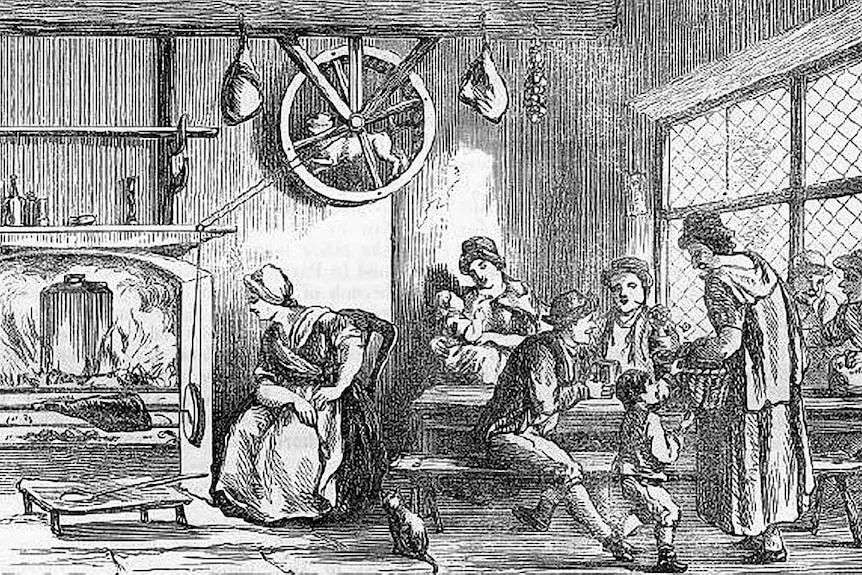 An illustrated scene of a dog in a large wheel spinning a piece of meat using a pulley system.