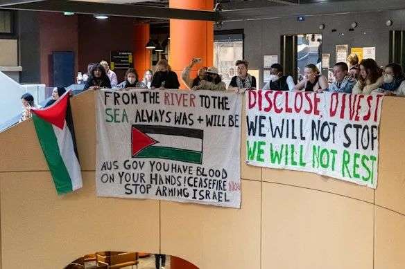 A protest inside the University of Melbourne arts building in May 2024.