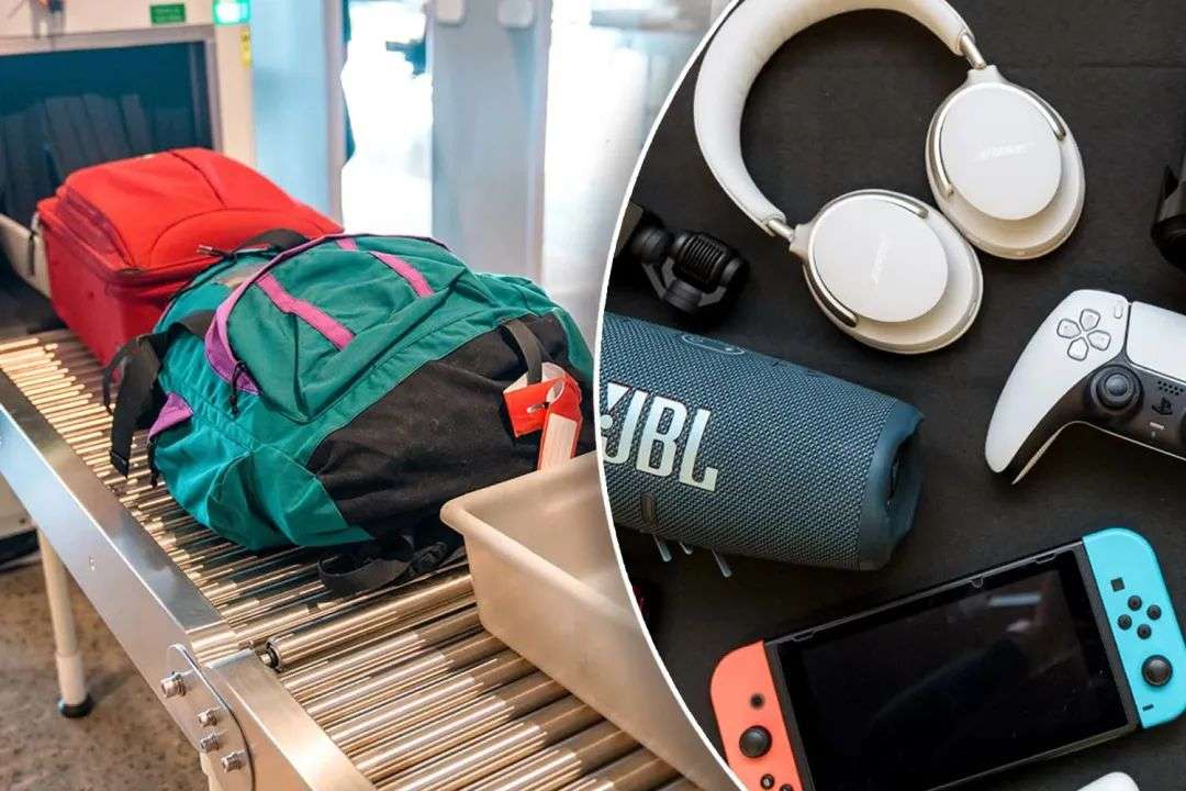 Left: Two bags are in line for an airport security screen. Right: A collection of unclaimed items left behind at Sydney Airport, including a JBL speaker, headphones, a PlayStation 5 controller and a Gameboy.