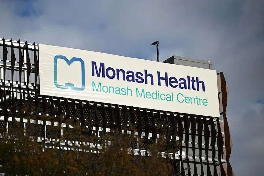 Signage is seen for the Monash Health Medical Centre in Clayton, Melbourne.