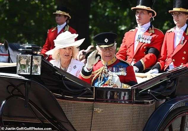 Black armbands were worn by the head of state and senior royals wearing military uniform riding in the ceremony to mark the King's official birthday
