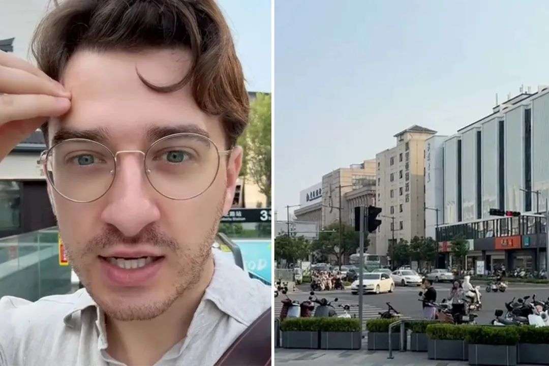 Left: Garrett reacting to what he is seeing. Right: A road in China full of cars that are completely silent.