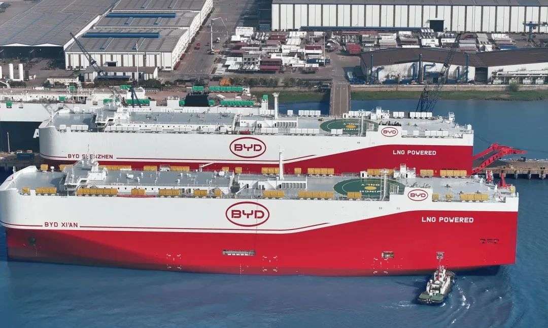 BYD car carriers docked in a port.