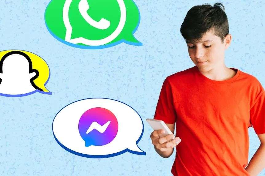 A teen boy with white skin and black hair looks at his phone wearing an orange t shirt. There's messaging app icons next to him