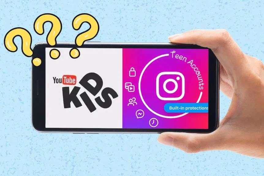 A white hand holds a phone on a blue background. The phone has the logos of Instagram teen accounts and Youtube kids on it