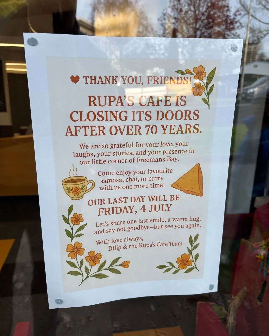 6 月 19 日，一张确认 Rupa's Cafe 关闭的海报出现。