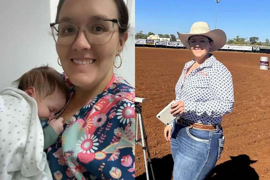 a composite image - the same woman once on the left with her newborn and on the right in rodeo gear