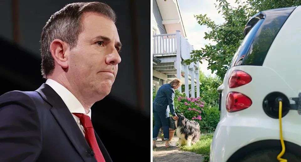 Jim Chalmers is pictured left. Right is a parked  EV.