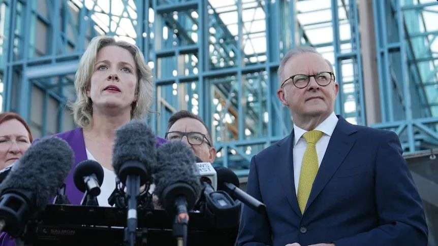 housing minister Clare O'Neil speaking at press conference with Prime Minister anthony albanese