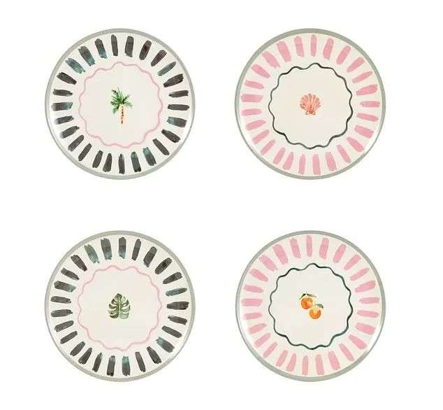 The new tropical dinner plates ($8) add a splash of fun with palm leaf, shell, and peach designs that brighten up any meal