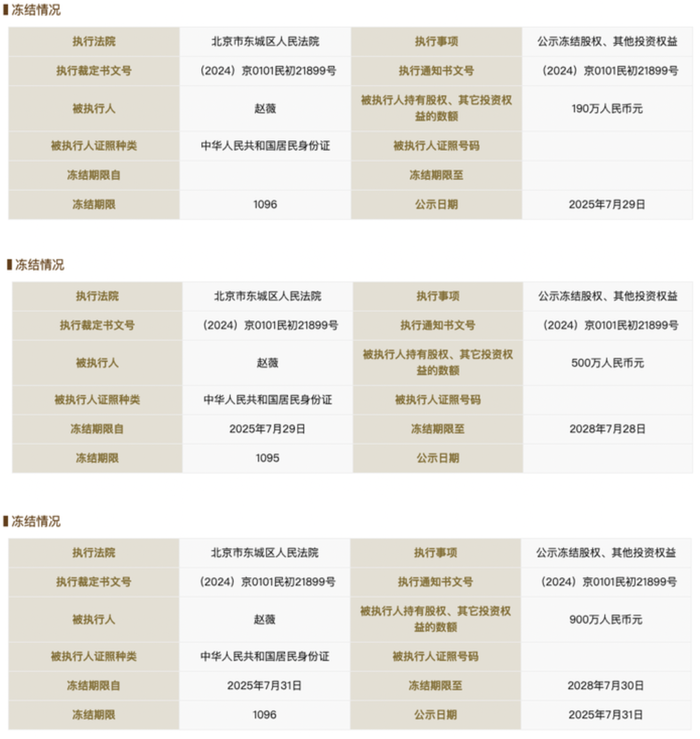 赵薇所持有的三家公司股权冻结情况 数据来源:国家企业信用信息公示系统网站