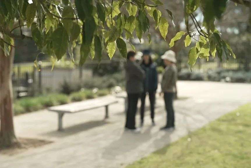 三位亚洲女性站在公园里。