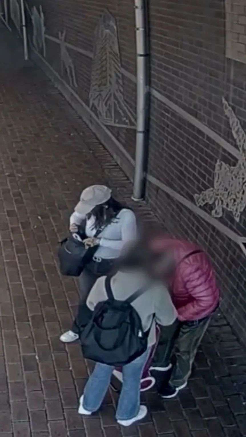 视频截图显示,三名身穿冬装的人站在铺砌路面上