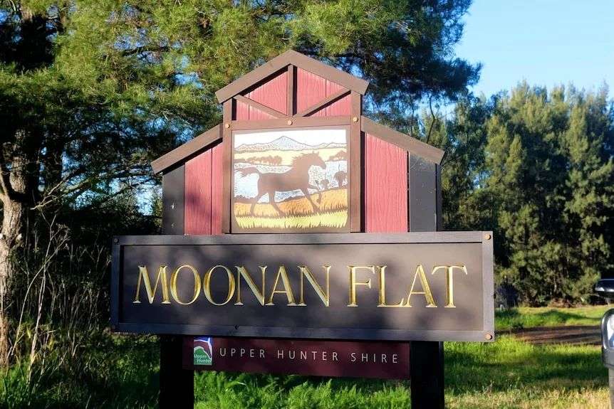A red and brown sign like a house with a horse painting, Moonan Flat written and upper hunter shire underneath.