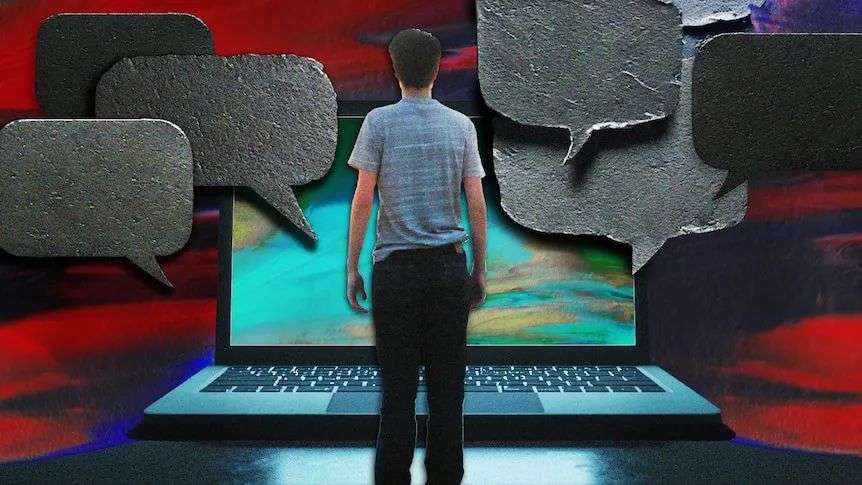 An illustration of a young boy staring at a computer. He is surrounded by text bubbles.