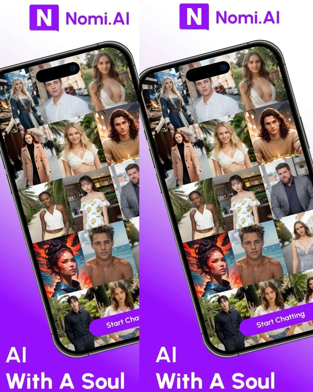 Screenshot of AI Companion app, different human-like characters smile at camera