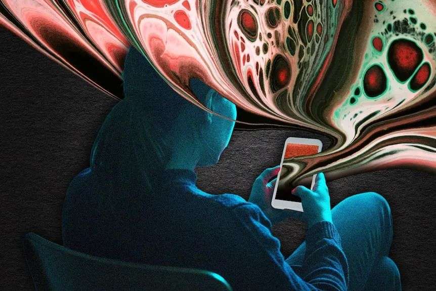 An illustration of a girl on her phone. You can not see her face.