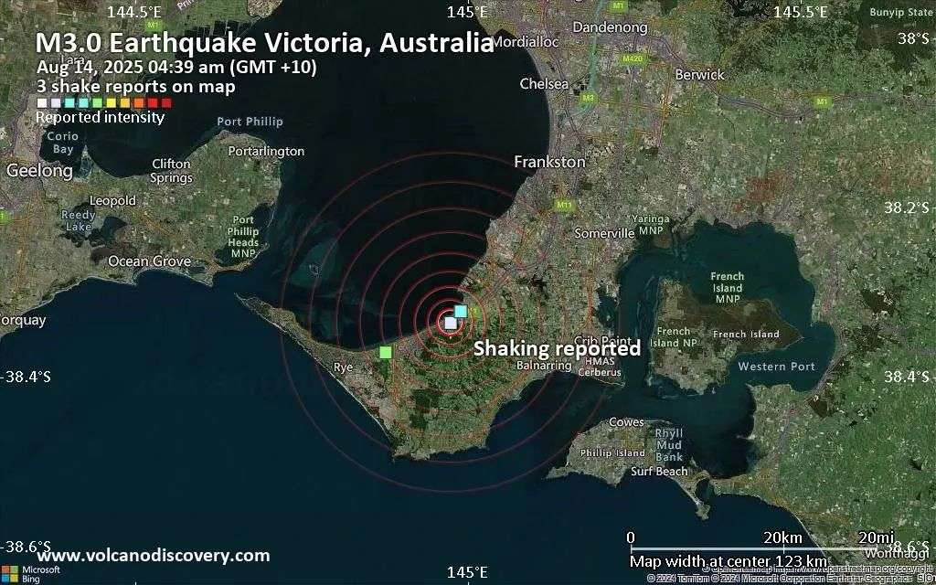 Light Mag. 3.2 Earthquake - Mornington Peninsula, 42 km East of Ocean Grove, Greater Geelong, Victoria, Australia, on Thursday, Aug 14, 2025, at 04:39 am (GMT +10)