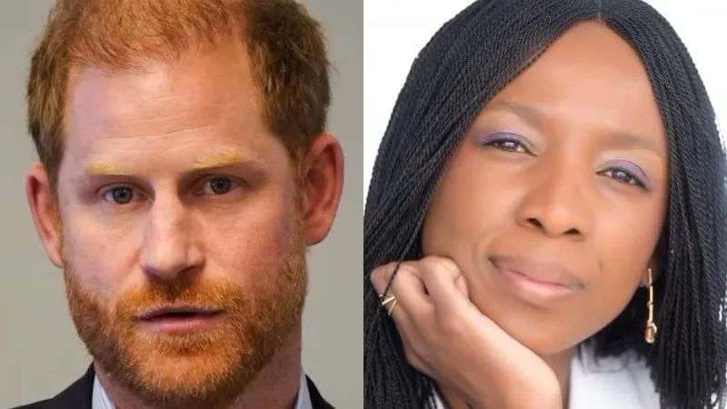 A man with red hair and a red beard wearing a suit and a woman with black plaited hair and dark skin holding her chin in hand