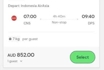Screenshot of a flight price saying $852 from CNS to DPS.