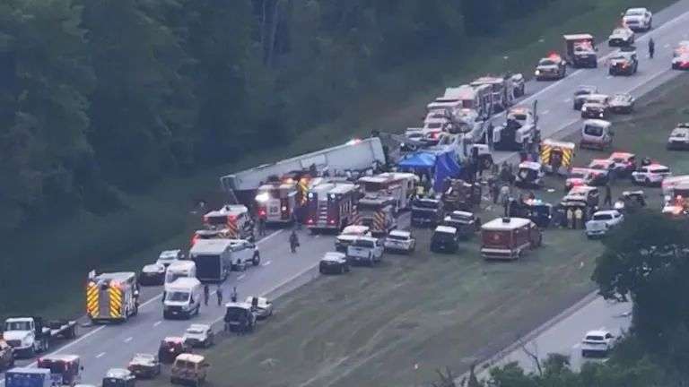 Aerial view of the aftermath of the bus crash in Pembroke, New York State. Pic: ENEX