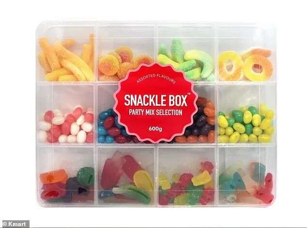 The Snackle Box options at Kmart are a 'Sweet Gummy Selection', a 'Party Mix Selection' (pictured), a 'Sour Gummy Selection' and a 'Jelly Bean Selection'.